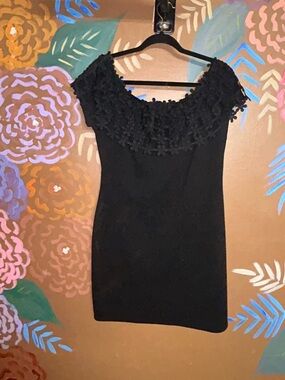 Black Lace-Trim Off-Shoulder Mini Dress